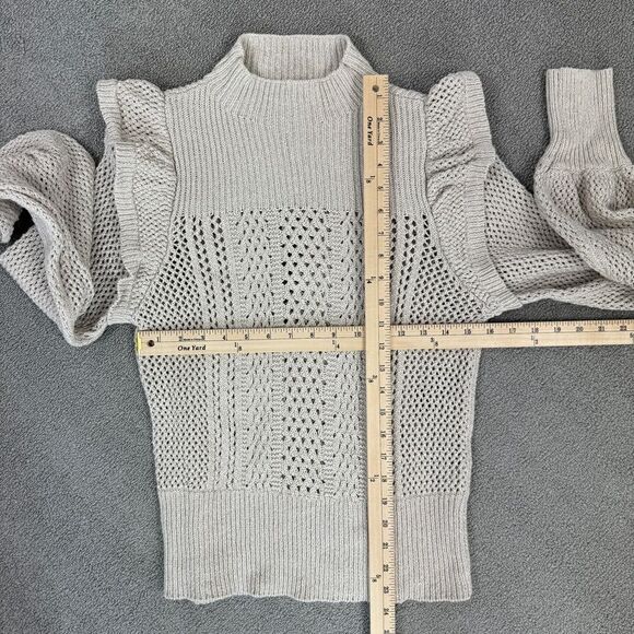 Happy Nature Ruffle Shoulder Mock Neck Open Weave Sweater Tan Beige Medium - Picture 12 of 13